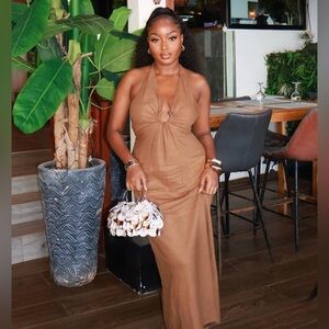 Zara Toffee Linen Buckle Midi Dress